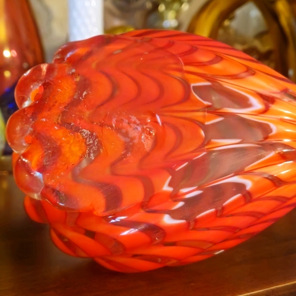 Murano Style Type Duck 9"L x 5"W x 7"H - Vibrant Reddish Orange Swirl Colors - Picture 6 of 12